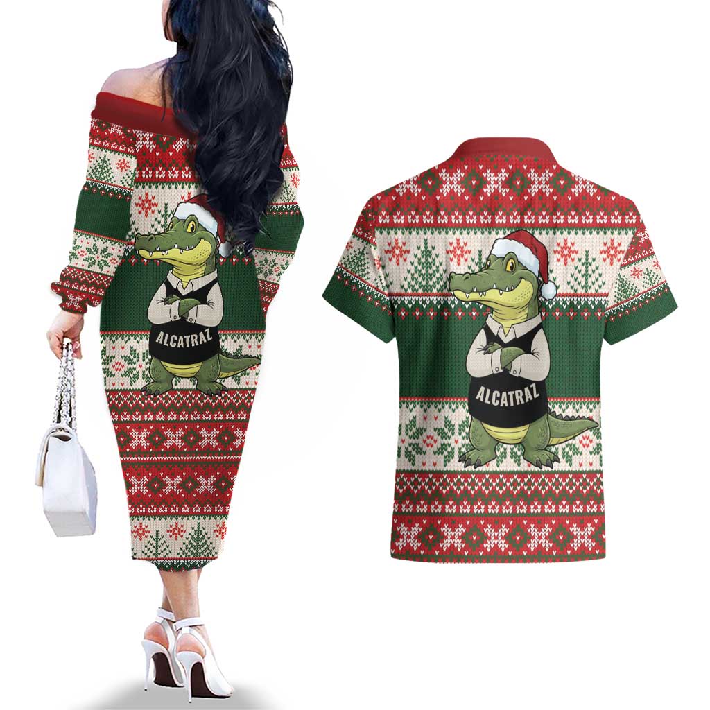 Funny Christmas Alligator Santa Couples Matching Off The Shoulder Long Sleeve Dress and Hawaiian Shirt Knitted Pattern - Wonder Print Shop