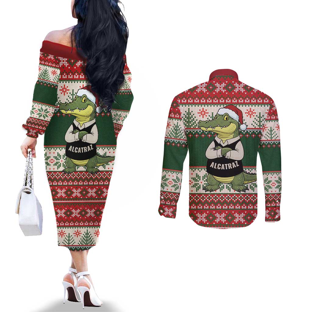 Funny Christmas Alligator Santa Couples Matching Off The Shoulder Long Sleeve Dress and Long Sleeve Button Shirt Knitted Pattern - Wonder Print Shop