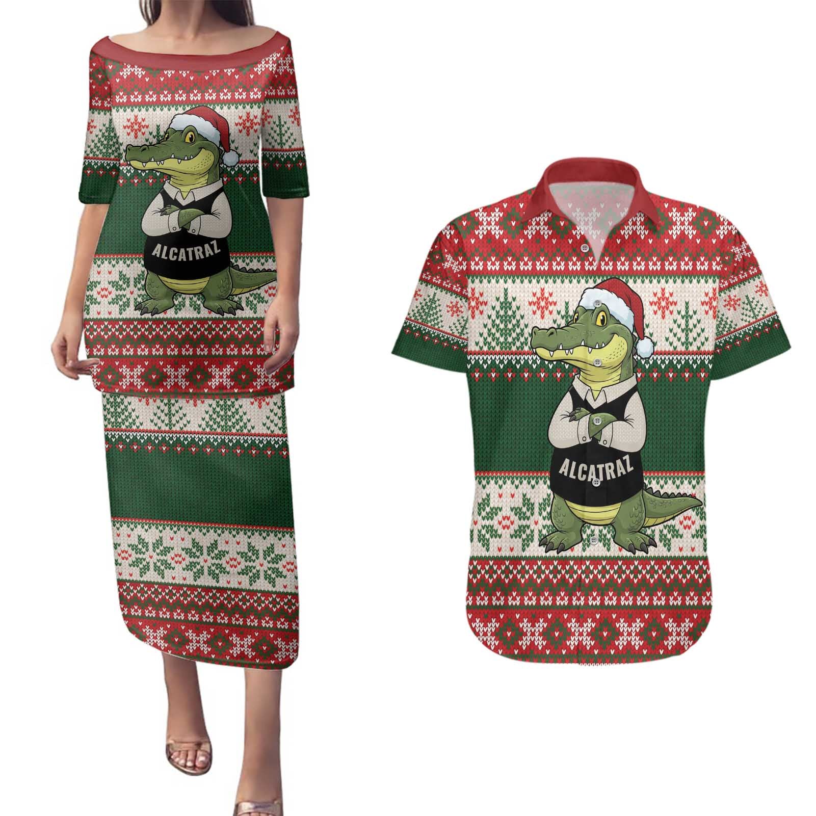 Funny Christmas Alligator Santa Couples Matching Puletasi and Hawaiian Shirt Knitted Pattern - Wonder Print Shop