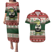 Funny Christmas Alligator Santa Couples Matching Puletasi and Hawaiian Shirt Knitted Pattern - Wonder Print Shop