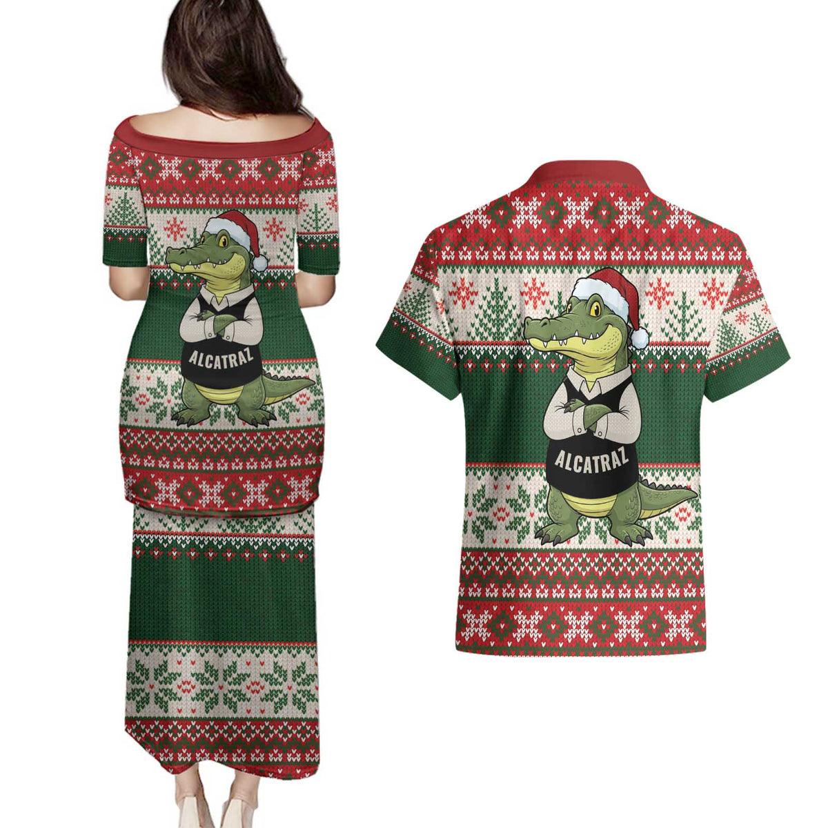 Funny Christmas Alligator Santa Couples Matching Puletasi and Hawaiian Shirt Knitted Pattern - Wonder Print Shop