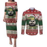 Funny Christmas Alligator Santa Couples Matching Puletasi and Long Sleeve Button Shirt Knitted Pattern - Wonder Print Shop