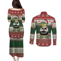 Funny Christmas Alligator Santa Couples Matching Puletasi and Long Sleeve Button Shirt Knitted Pattern - Wonder Print Shop