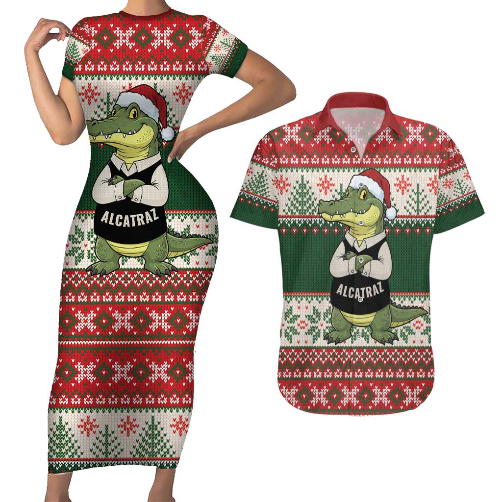 Funny Christmas Alligator Santa Couples Matching Short Sleeve Bodycon Dress and Hawaiian Shirt Knitted Pattern - Wonder Print Shop