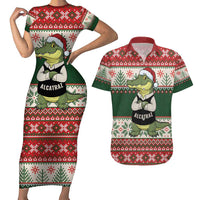 Funny Christmas Alligator Santa Couples Matching Short Sleeve Bodycon Dress and Hawaiian Shirt Knitted Pattern - Wonder Print Shop