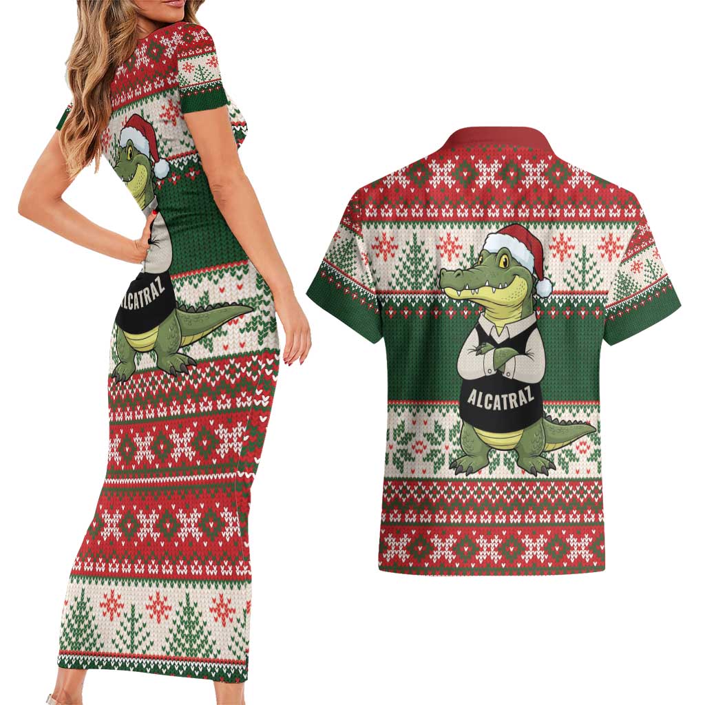 Funny Christmas Alligator Santa Couples Matching Short Sleeve Bodycon Dress and Hawaiian Shirt Knitted Pattern - Wonder Print Shop