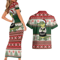 Funny Christmas Alligator Santa Couples Matching Short Sleeve Bodycon Dress and Hawaiian Shirt Knitted Pattern - Wonder Print Shop