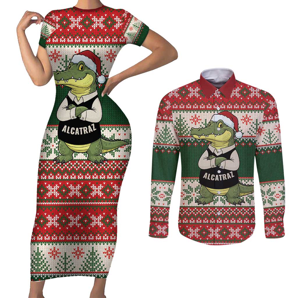 Funny Christmas Alligator Santa Couples Matching Short Sleeve Bodycon Dress and Long Sleeve Button Shirt Knitted Pattern - Wonder Print Shop