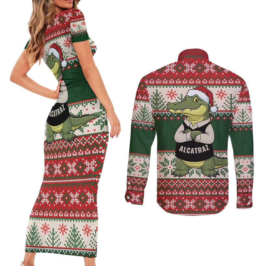 Funny Christmas Alligator Santa Couples Matching Short Sleeve Bodycon Dress and Long Sleeve Button Shirt Knitted Pattern - Wonder Print Shop