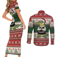 Funny Christmas Alligator Santa Couples Matching Short Sleeve Bodycon Dress and Long Sleeve Button Shirt Knitted Pattern - Wonder Print Shop
