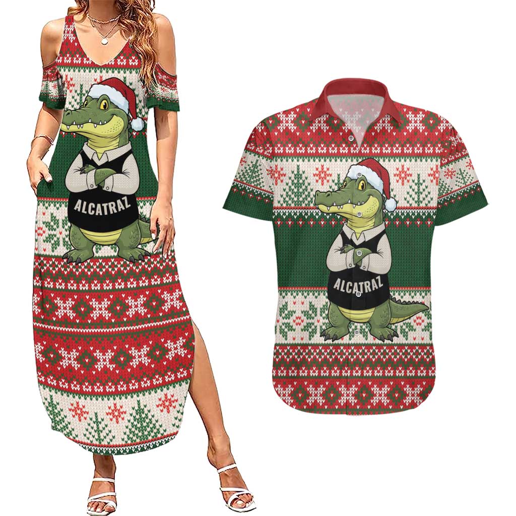 Funny Christmas Alligator Santa Couples Matching Summer Maxi Dress and Hawaiian Shirt Knitted Pattern - Wonder Print Shop