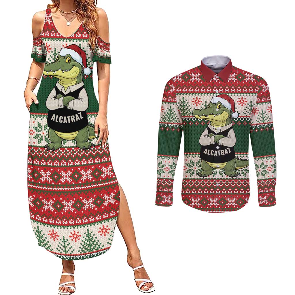 Funny Christmas Alligator Santa Couples Matching Summer Maxi Dress and Long Sleeve Button Shirt Knitted Pattern - Wonder Print Shop