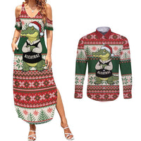 Funny Christmas Alligator Santa Couples Matching Summer Maxi Dress and Long Sleeve Button Shirt Knitted Pattern - Wonder Print Shop