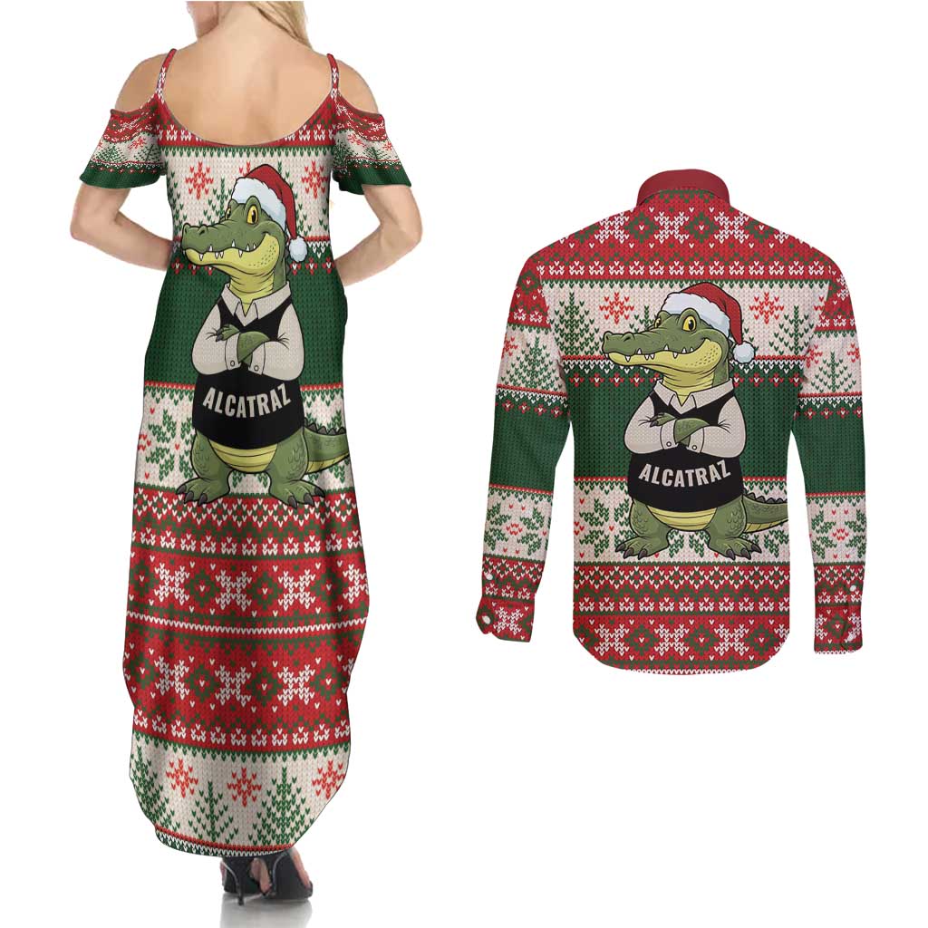 Funny Christmas Alligator Santa Couples Matching Summer Maxi Dress and Long Sleeve Button Shirt Knitted Pattern - Wonder Print Shop