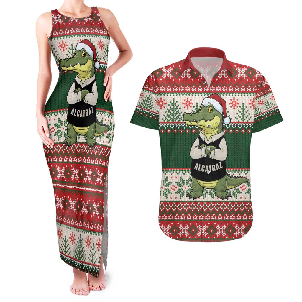 Funny Christmas Alligator Santa Couples Matching Tank Maxi Dress and Hawaiian Shirt Knitted Pattern - Wonder Print Shop