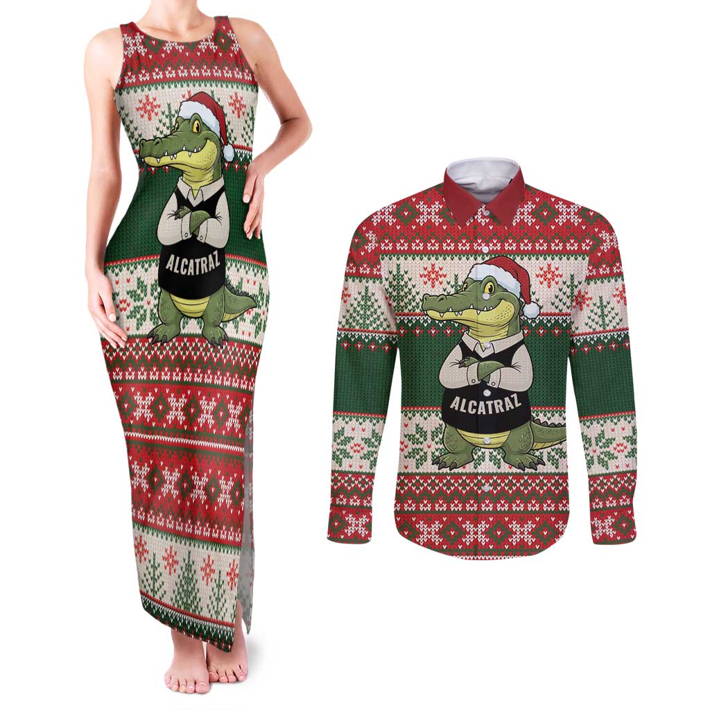 Funny Christmas Alligator Santa Couples Matching Tank Maxi Dress and Long Sleeve Button Shirt Knitted Pattern - Wonder Print Shop