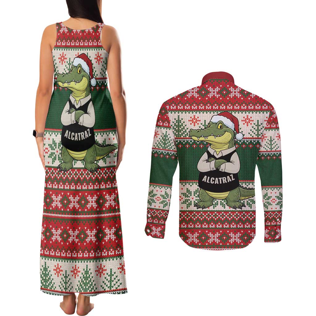 Funny Christmas Alligator Santa Couples Matching Tank Maxi Dress and Long Sleeve Button Shirt Knitted Pattern - Wonder Print Shop