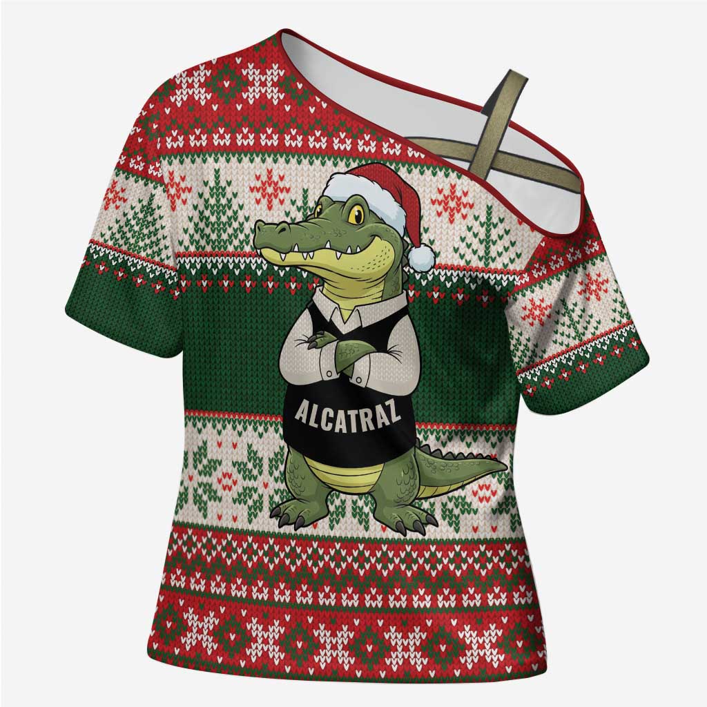 Funny Christmas Alligator Santa Cross Shoulder Shirt Knitted Pattern - Wonder Print Shop