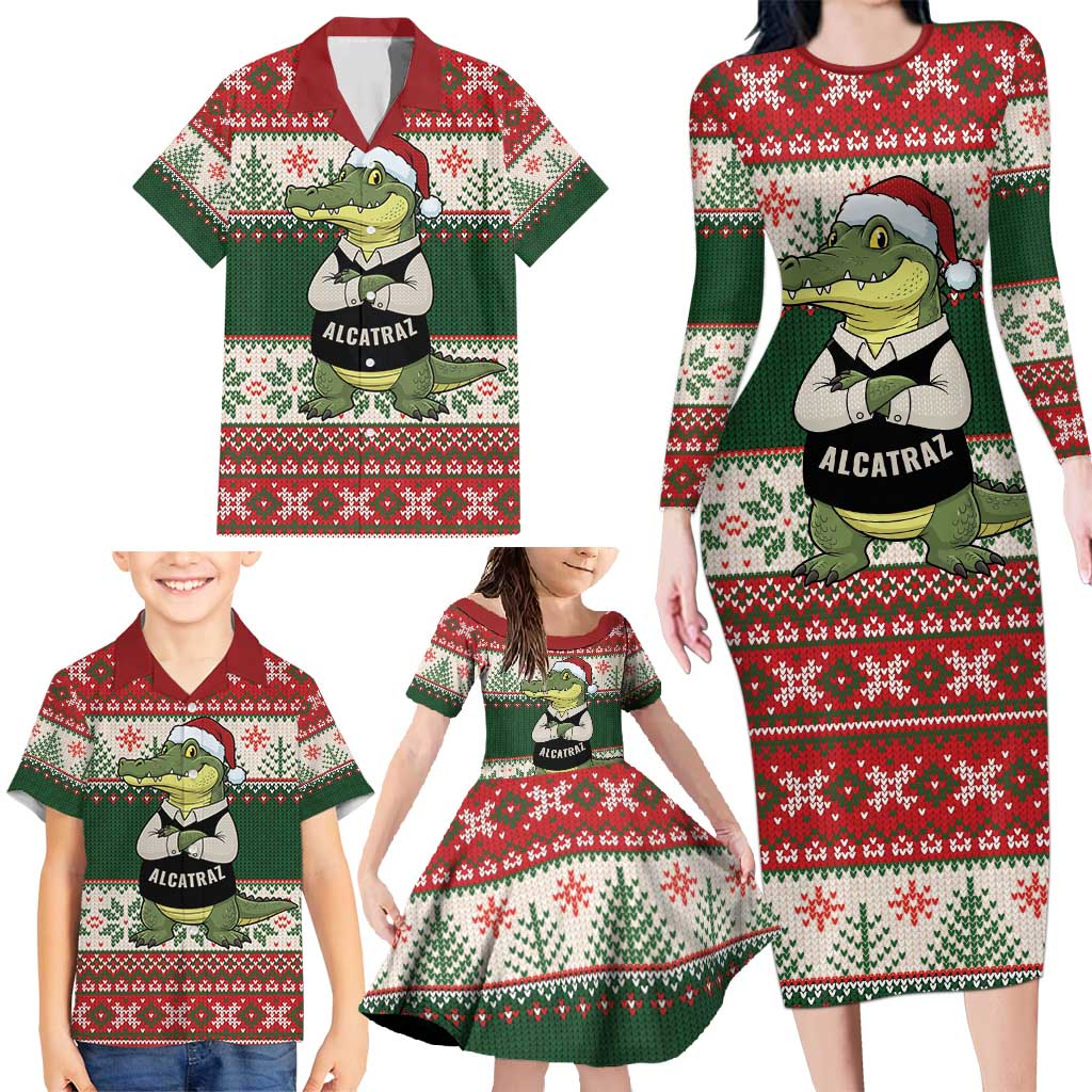 Funny Christmas Alligator Santa Family Matching Long Sleeve Bodycon Dress and Hawaiian Shirt Knitted Pattern - Wonder Print Shop