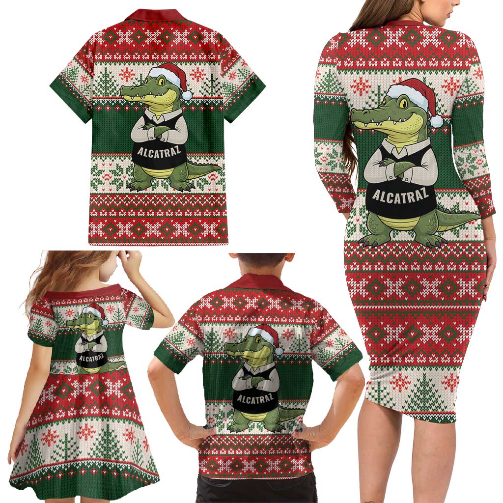 Funny Christmas Alligator Santa Family Matching Long Sleeve Bodycon Dress and Hawaiian Shirt Knitted Pattern - Wonder Print Shop