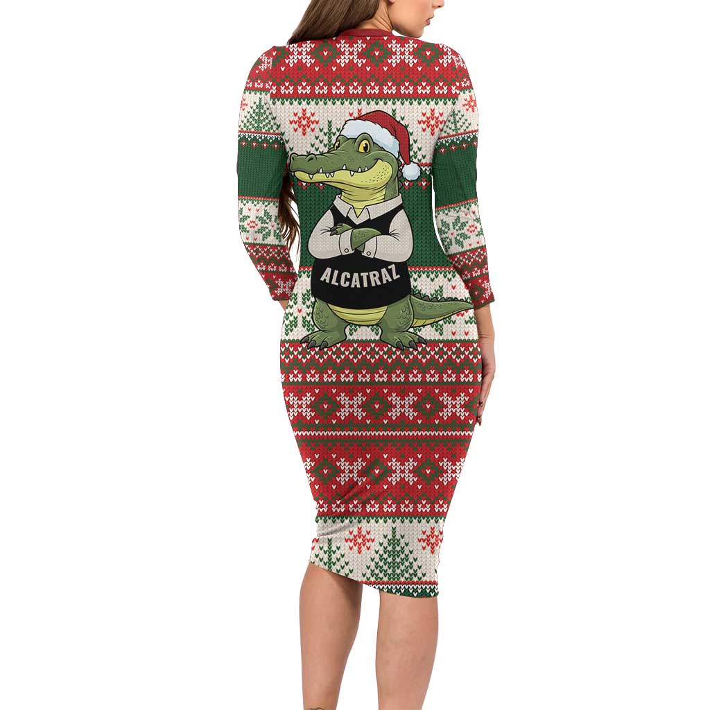Funny Christmas Alligator Santa Family Matching Long Sleeve Bodycon Dress and Hawaiian Shirt Knitted Pattern - Wonder Print Shop