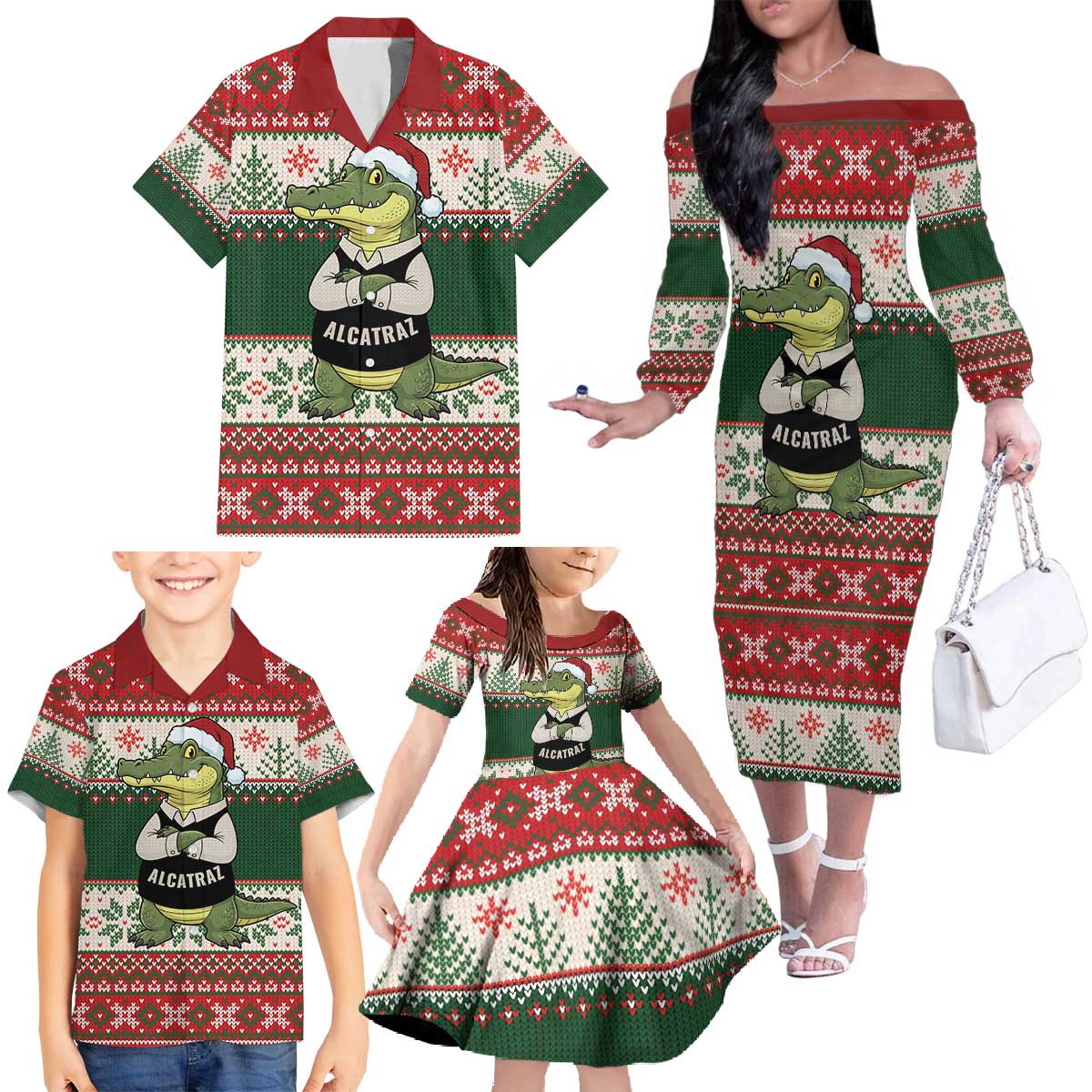Funny Christmas Alligator Santa Family Matching Off The Shoulder Long Sleeve Dress and Hawaiian Shirt Knitted Pattern - Wonder Print Shop