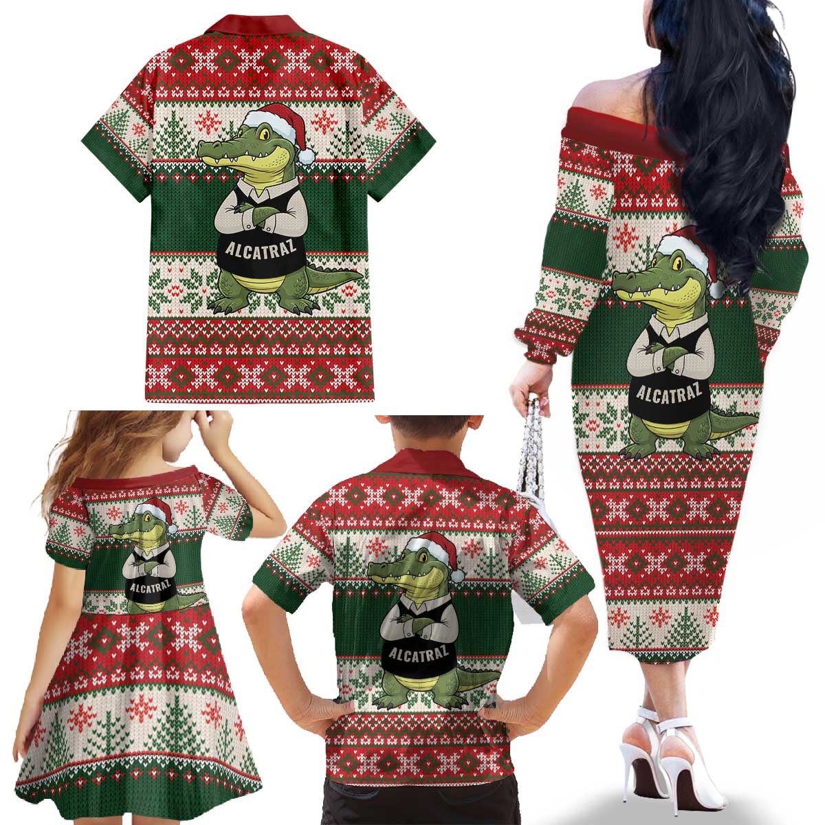 Funny Christmas Alligator Santa Family Matching Off The Shoulder Long Sleeve Dress and Hawaiian Shirt Knitted Pattern - Wonder Print Shop