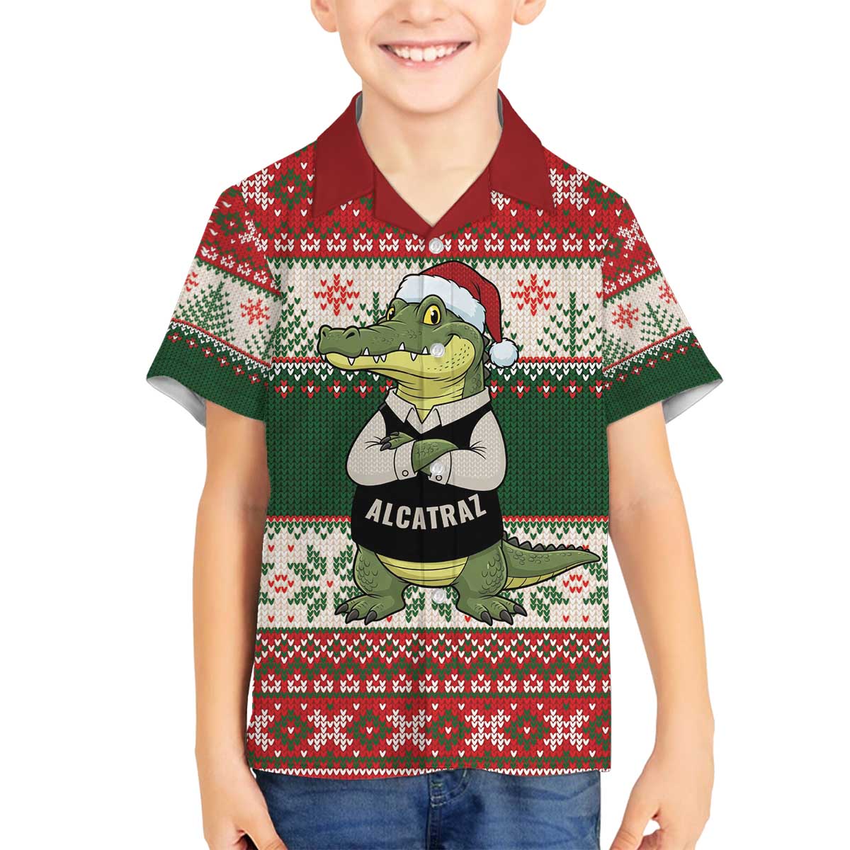 Funny Christmas Alligator Santa Family Matching Off The Shoulder Long Sleeve Dress and Hawaiian Shirt Knitted Pattern - Wonder Print Shop