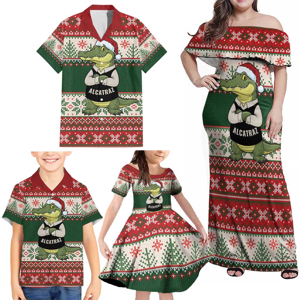 Funny Christmas Alligator Santa Family Matching Off Shoulder Maxi Dress and Hawaiian Shirt Knitted Pattern - Wonder Print Shop
