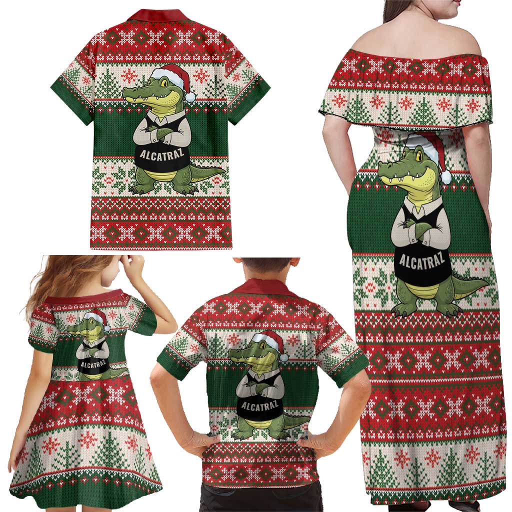 Funny Christmas Alligator Santa Family Matching Off Shoulder Maxi Dress and Hawaiian Shirt Knitted Pattern - Wonder Print Shop