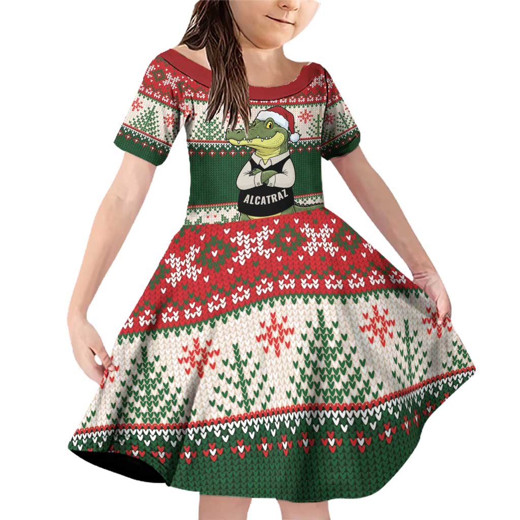 Funny Christmas Alligator Santa Family Matching Off Shoulder Short Dress and Hawaiian Shirt Knitted Pattern - Wonder Print Shop