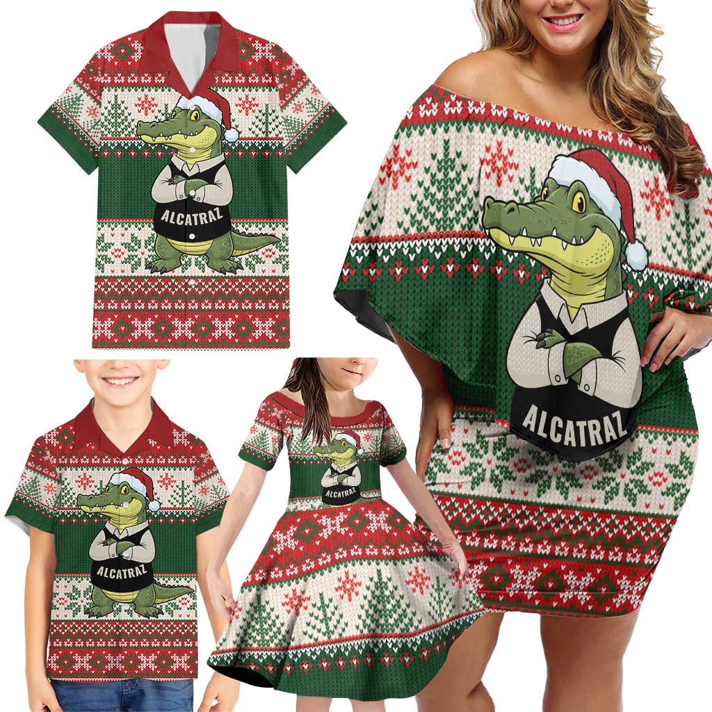 Funny Christmas Alligator Santa Family Matching Off Shoulder Short Dress and Hawaiian Shirt Knitted Pattern - Wonder Print Shop