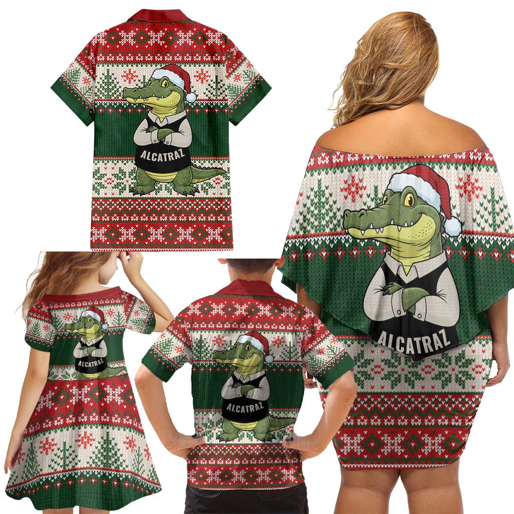 Funny Christmas Alligator Santa Family Matching Off Shoulder Short Dress and Hawaiian Shirt Knitted Pattern - Wonder Print Shop