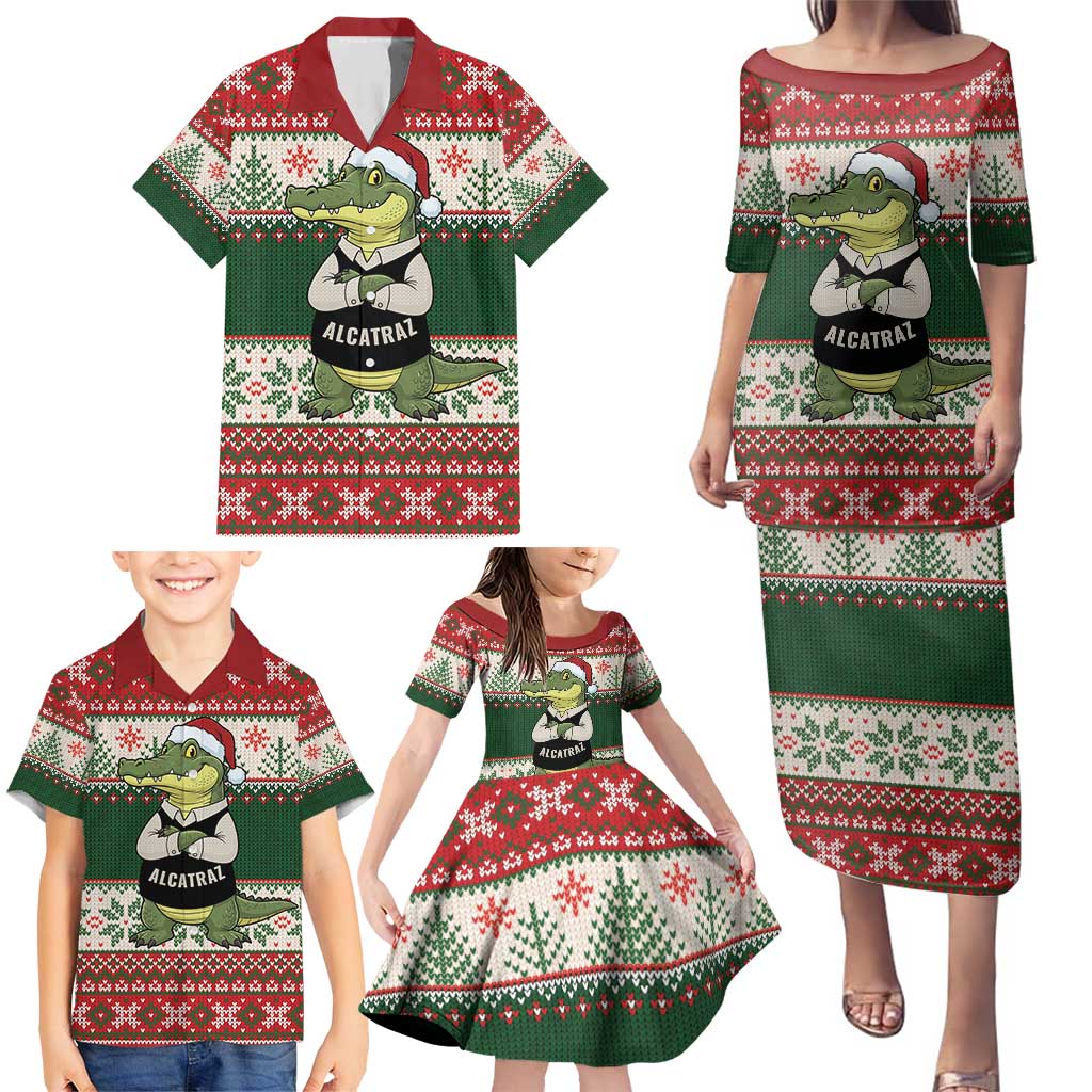 Funny Christmas Alligator Santa Family Matching Puletasi and Hawaiian Shirt Knitted Pattern - Wonder Print Shop
