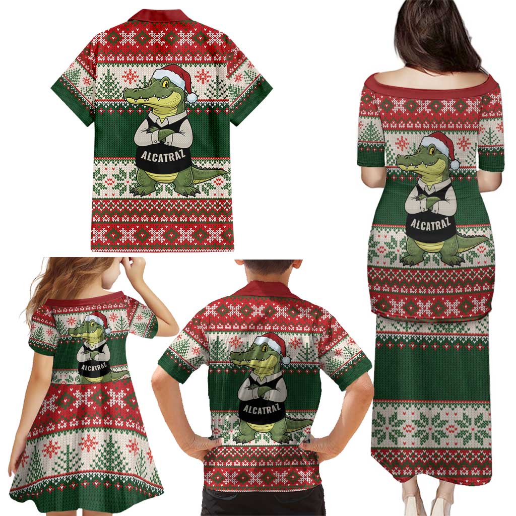 Funny Christmas Alligator Santa Family Matching Puletasi and Hawaiian Shirt Knitted Pattern - Wonder Print Shop