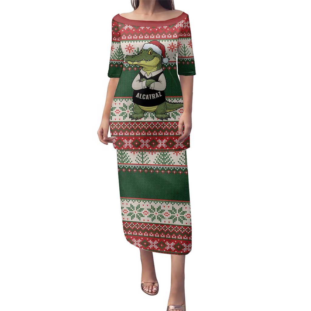 Funny Christmas Alligator Santa Family Matching Puletasi and Hawaiian Shirt Knitted Pattern - Wonder Print Shop