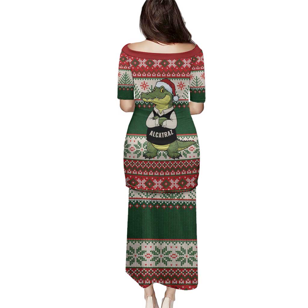Funny Christmas Alligator Santa Family Matching Puletasi and Hawaiian Shirt Knitted Pattern - Wonder Print Shop
