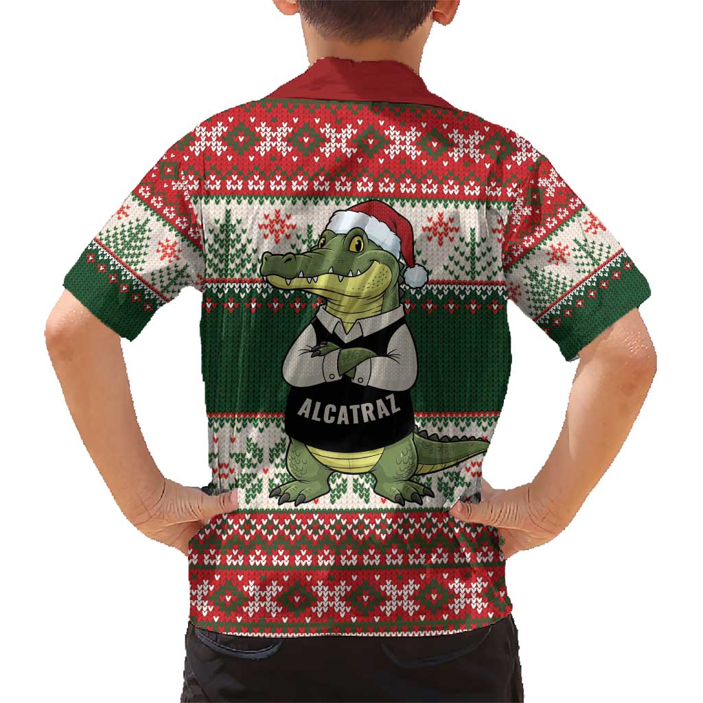 Funny Christmas Alligator Santa Family Matching Short Sleeve Bodycon Dress and Hawaiian Shirt Knitted Pattern - Wonder Print Shop