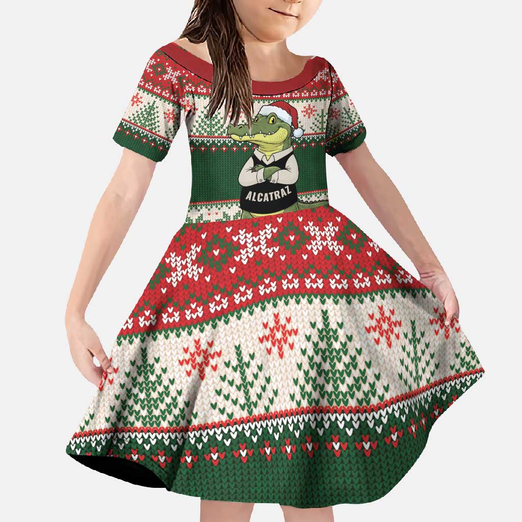 Funny Christmas Alligator Santa Family Matching Short Sleeve Bodycon Dress and Hawaiian Shirt Knitted Pattern - Wonder Print Shop