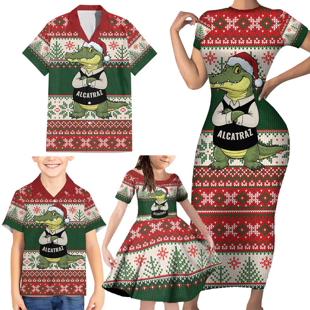Funny Christmas Alligator Santa Family Matching Short Sleeve Bodycon Dress and Hawaiian Shirt Knitted Pattern - Wonder Print Shop