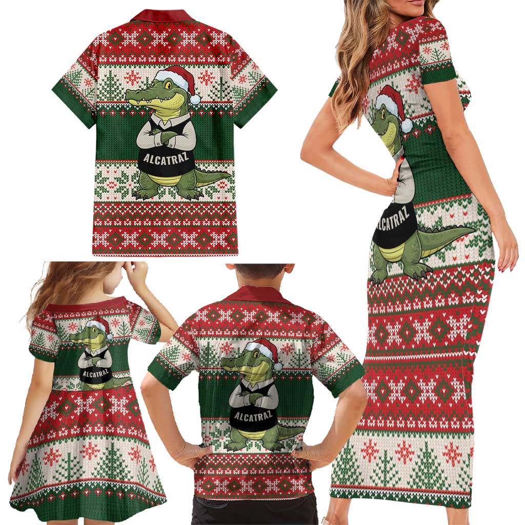 Funny Christmas Alligator Santa Family Matching Short Sleeve Bodycon Dress and Hawaiian Shirt Knitted Pattern - Wonder Print Shop