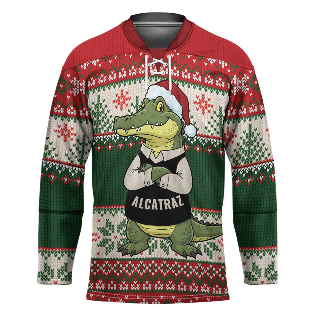 Funny Christmas Alligator Santa Hockey Jersey Knitted Pattern - Wonder Print Shop