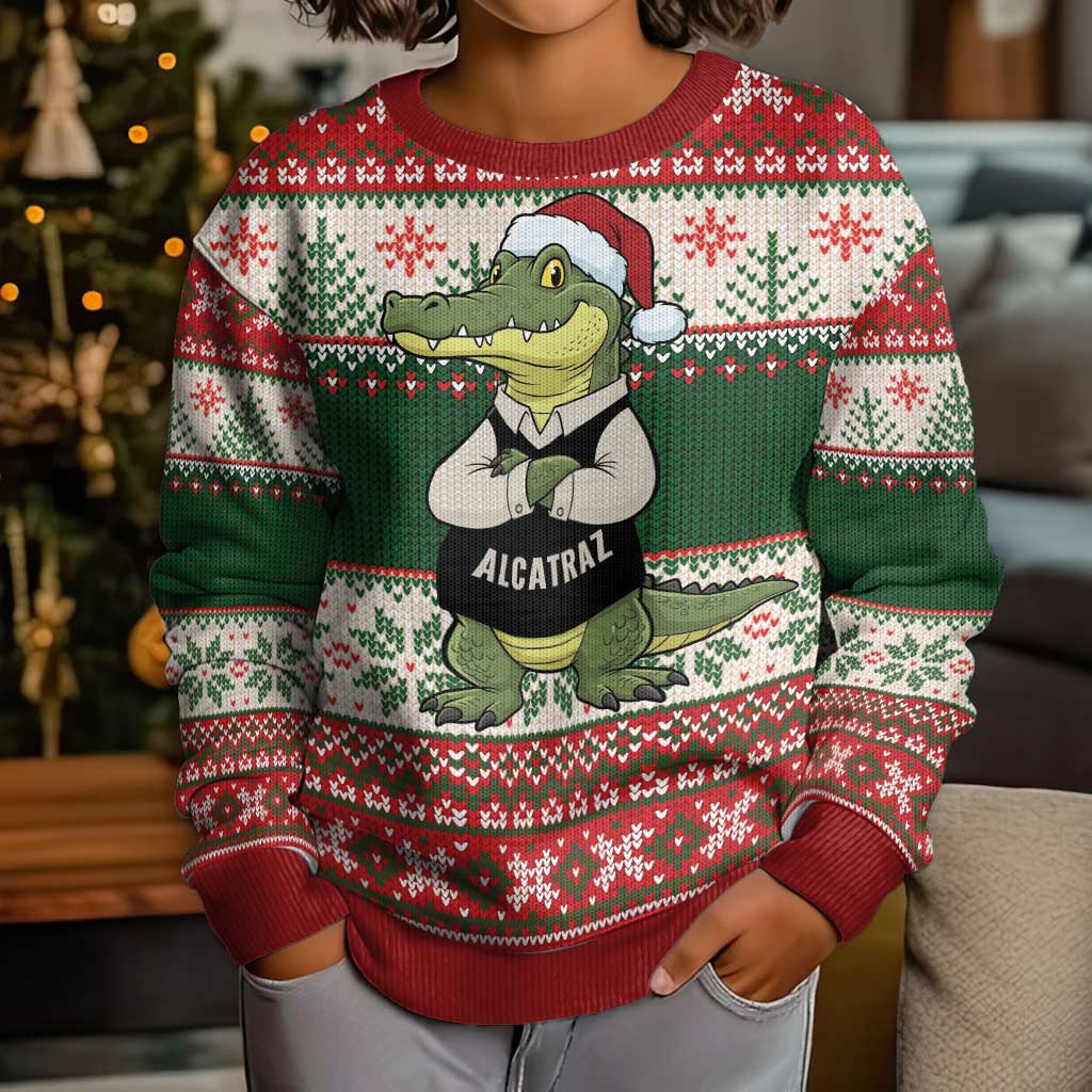 Funny Christmas Alligator Santa Kid Ugly Christmas Sweater Knitted Pattern - Wonder Print Shop