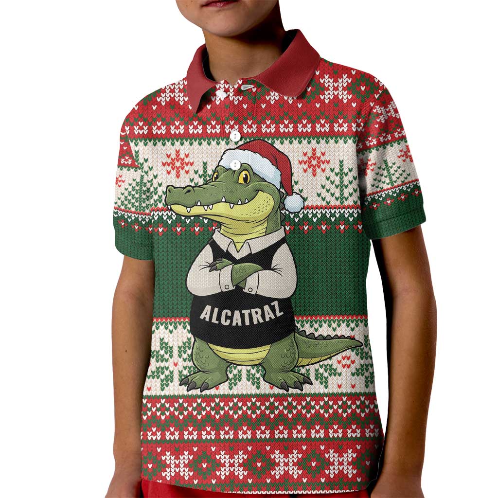 Funny Christmas Alligator Santa Kid Polo Shirt Knitted Pattern - Wonder Print Shop