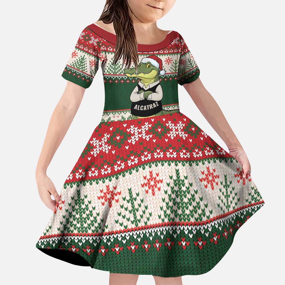 Funny Christmas Alligator Santa Kid Short Sleeve Dress Knitted Pattern - Wonder Print Shop