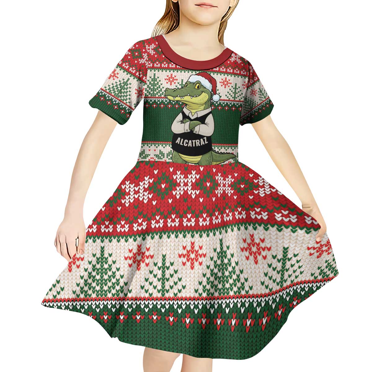 Funny Christmas Alligator Santa Kid Short Sleeve Dress Knitted Pattern - Wonder Print Shop