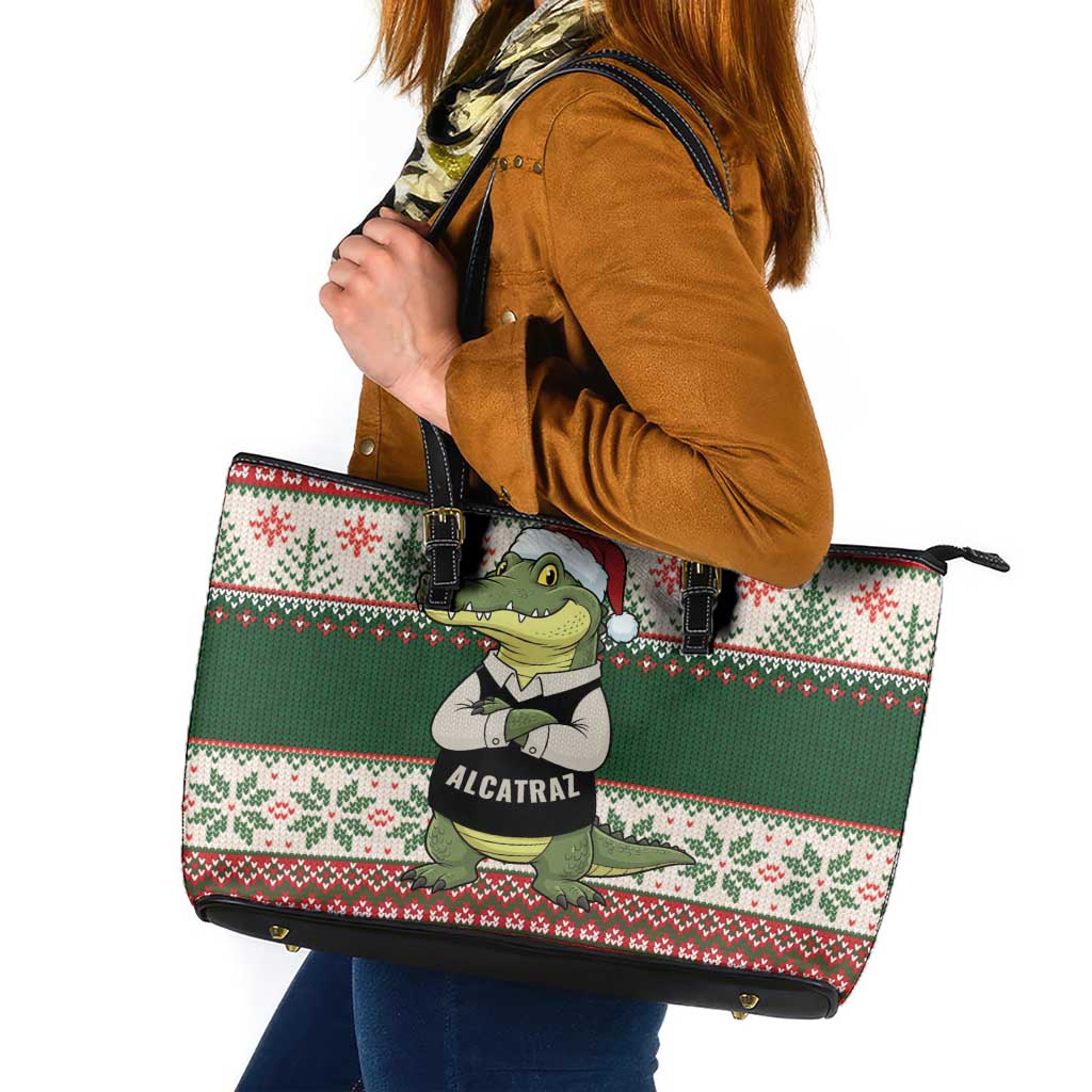 Funny Christmas Alligator Santa Leather Tote Bag Knitted Pattern - Wonder Print Shop
