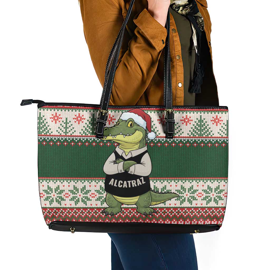 Funny Christmas Alligator Santa Leather Tote Bag Knitted Pattern - Wonder Print Shop