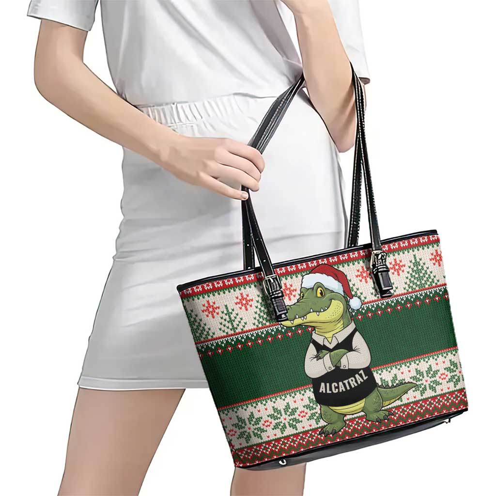 Funny Christmas Alligator Santa Leather Tote Bag Knitted Pattern - Wonder Print Shop