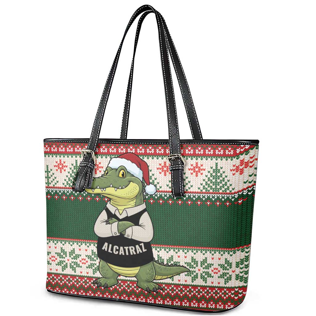 Funny Christmas Alligator Santa Leather Tote Bag Knitted Pattern - Wonder Print Shop